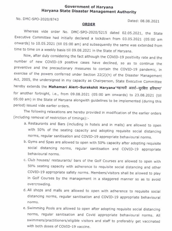  

 COVID restrictions under 'Surakshit Haryana' extended till Aug 23 with some relaxations Restaurants, bars, gyms, spas allowed to open with 50% seating capacity. All shops and malls are allowed to open with social distancing norms. Swimming pools allowed to open with COVID norms. 