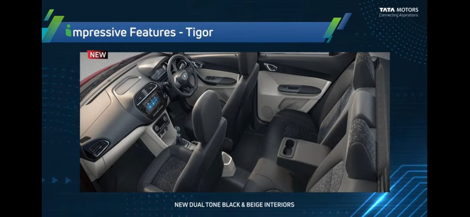<p>Tata Tigor features a dual-tone interior as well but in different shades</p>