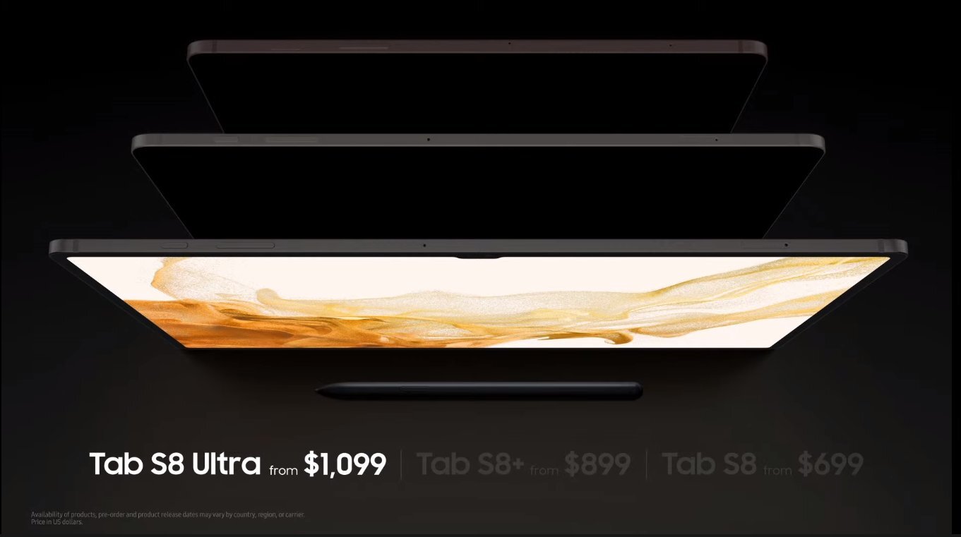  The Samsung Galaxy Tab S8 comes in two storage options, with the base model having 8GB of RAM and128GB of internal storage. It is priced at $699. The Galaxy Tab S8+ comes in the same configurations and features a starting price of $899. Lastly, the Samsung Galaxy Tab S8 Ultra is priced at $1,099 for the base 8GB + 128GB model. It also comes in 12GB + 256GB and 16GB + 512GB storage options. These variants are priced starting at $1,099. 