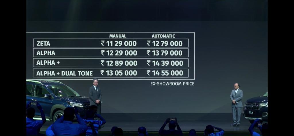 <p>The base model Maruti Suzuki XL6 with a manual gearbox is priced at Rs 11.29 lakh while the range-topping Alpha+ dual-tone has a price tag Rs 14.55</p>