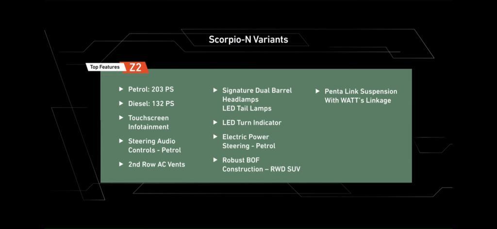 <p>The features in the base variant Mahindra Scorpio N</p>