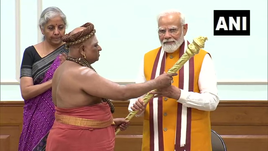   



 -- Adheenams handed over the Sengol (sceptre) to Prime Minister Narendra Modi, a day before the inauguration ceremony of the New Parliament Building. 

 -- PM Modi along with Finance Minister Nirmala Sitharaman had met the Adheenams at his residence to take their blessings. 