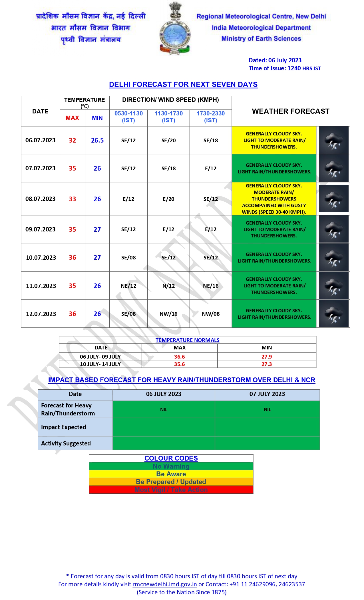   

 IMD has predicted moderate rain, light rain, drizzle or thundershowers in the national capital till July 12. IMD also issued yellow alert in Delhi today as heavy rainfall soaked various parts of the city. 