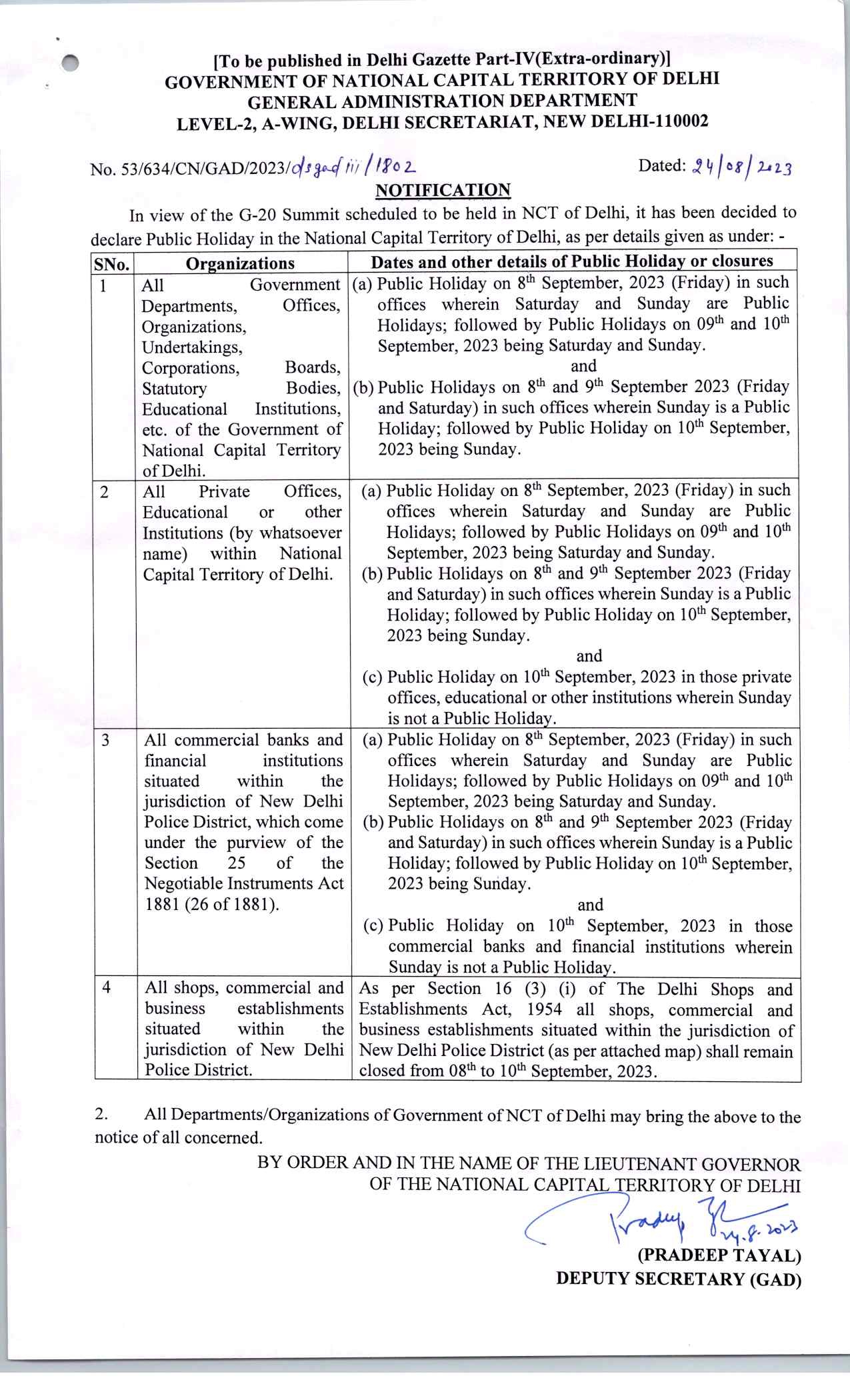   

 In view of G-20 Summit scheduled to be in NCT of Delhi, it has been decided to declare a public holiday in the national capital, as per details given below: 