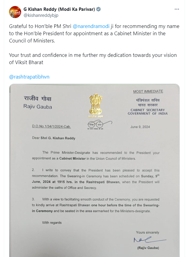 <p><strong>PM Modi Oath Ceremony Live: Telangana BJP chief G Kishan Reddy likely to be a cabinet member, expresses gratitude</strong></p>

<p>&quot;Grateful to PM Narendra Modi for recommending my name to the President for appointment as a Cabinet Minister in the Council of Ministers...,&quot; Telangana BJP chief G Kishan Reddy posted on X(formerly known as Twitter). </p>